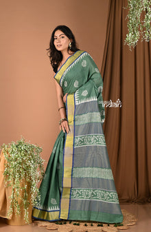  Khadi Handloom - Pure Cotton Handblock Printed Saree - Khaddi Green