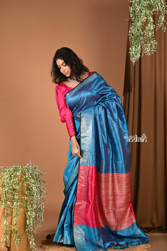 Handloom and Charkha Woven Pure Dupion Silk by Govt certified Weavers - Turqoise Blue
