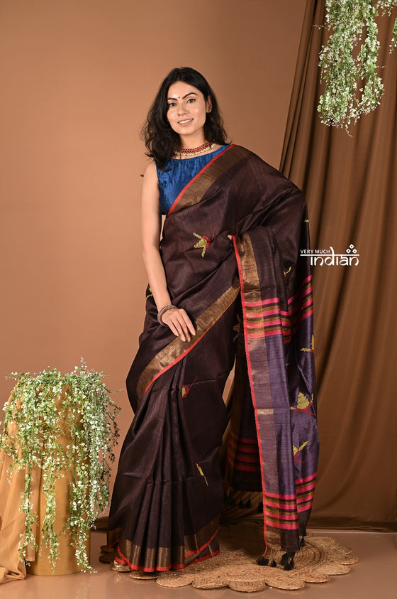 Handloom and Charkha Woven Pure Dupion Silk by Govt certified Weavers - Dark brown