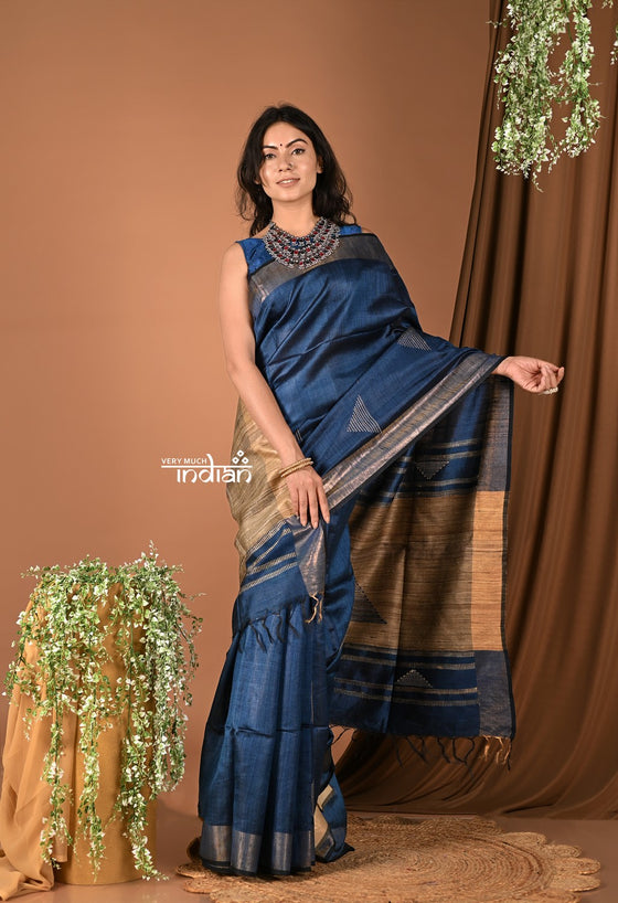 Handloom and Charkha Woven Pure Dupion Silk by Govt certified Weavers - Navy Blue
