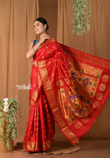  Pehal~ Handloom Pure Silk Maharani Paithani in Flaming Red with Chakra buttis and Peacock Pallu.