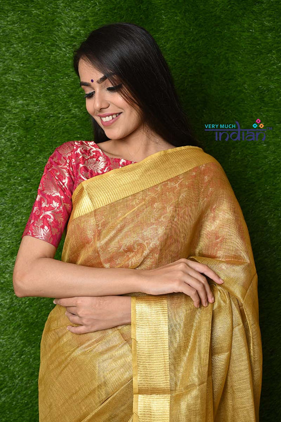 Pure Handwoven Organic Tissue Linen Saree - Shimmery Gold