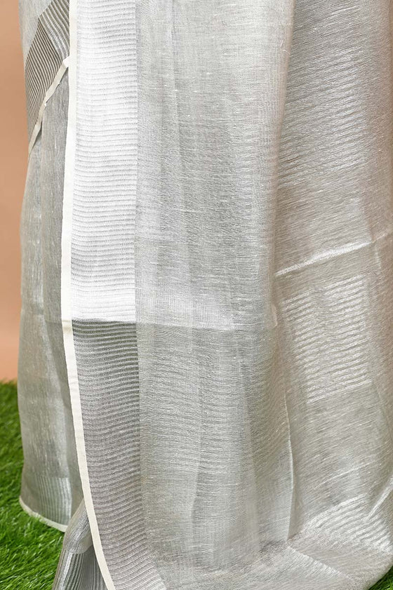 Pure Handwoven Organic Tissue Linen Saree - Silver colour