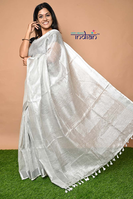 Pure Handwoven Organic Tissue Linen Saree - Silver colour