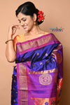 Pure Silk Handloom Maharani Paithani - Blue with Purple Border and floral buttis