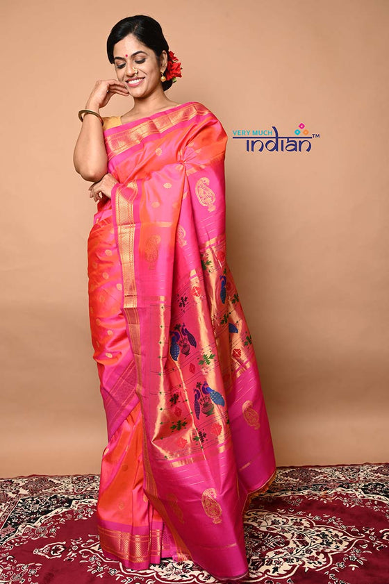 Pure Silk Handloom Maharani Paithani - Dual Tone Pink and Floral buttis - 1