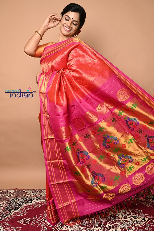 Pure Silk Handloom Maharani Paithani - Complete Brocade Work throughout Saree - Peach Pink with Pink Border