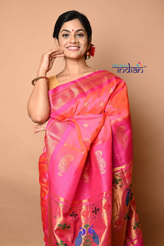 Pure Silk Handloom Maharani Paithani - Dual Tone Pink and Floral buttis - 5