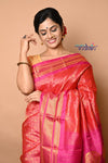 Pure Silk Handloom Maharani Paithani - Complete Brocade Work throughout Saree - Peach Pink with Pink Border