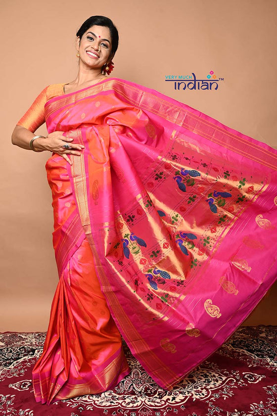 Pure Silk Handloom Maharani Paithani - Dual Tone Pink and Floral buttis - 4
