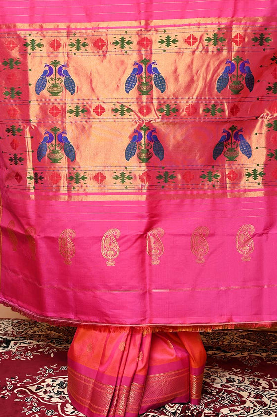 Pure Silk Handloom Maharani Paithani - Dual Tone Pink and Floral buttis - 3