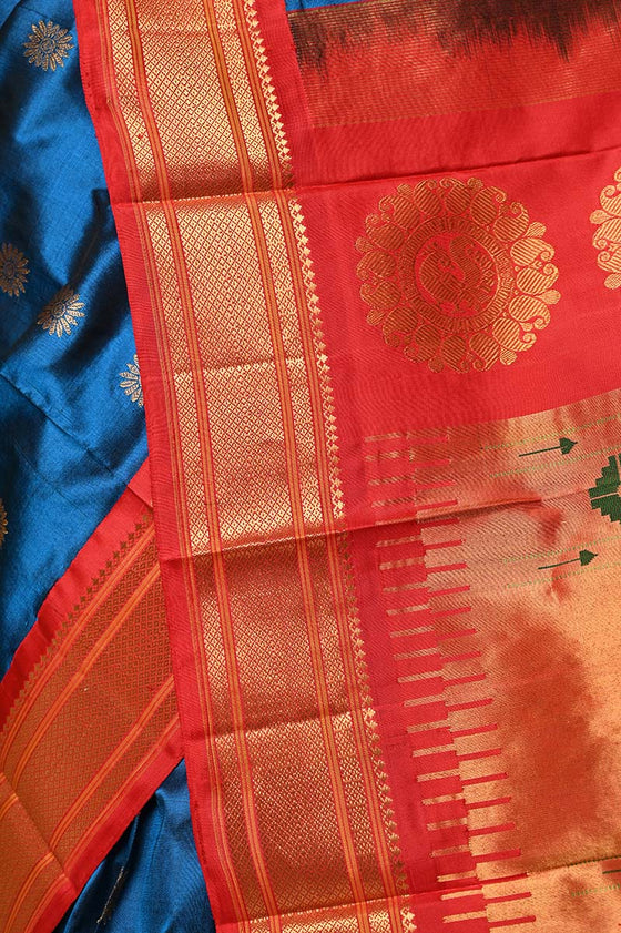 Pure Silk Handloom Maharani Paithani - Handloom Cobalt blue Paithani with Bright Red Border and Traditional Maharani Pallu