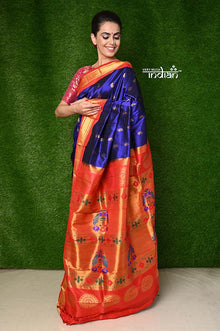  BestSeller - Pure Silk Handloom Maharani Paithani - Royal Blue with Red Border (Available in Peacock Buttis)