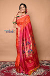 Pure Silk Handloom Maharani Paithani - Traditional Orange and Pink with Floral Buttis