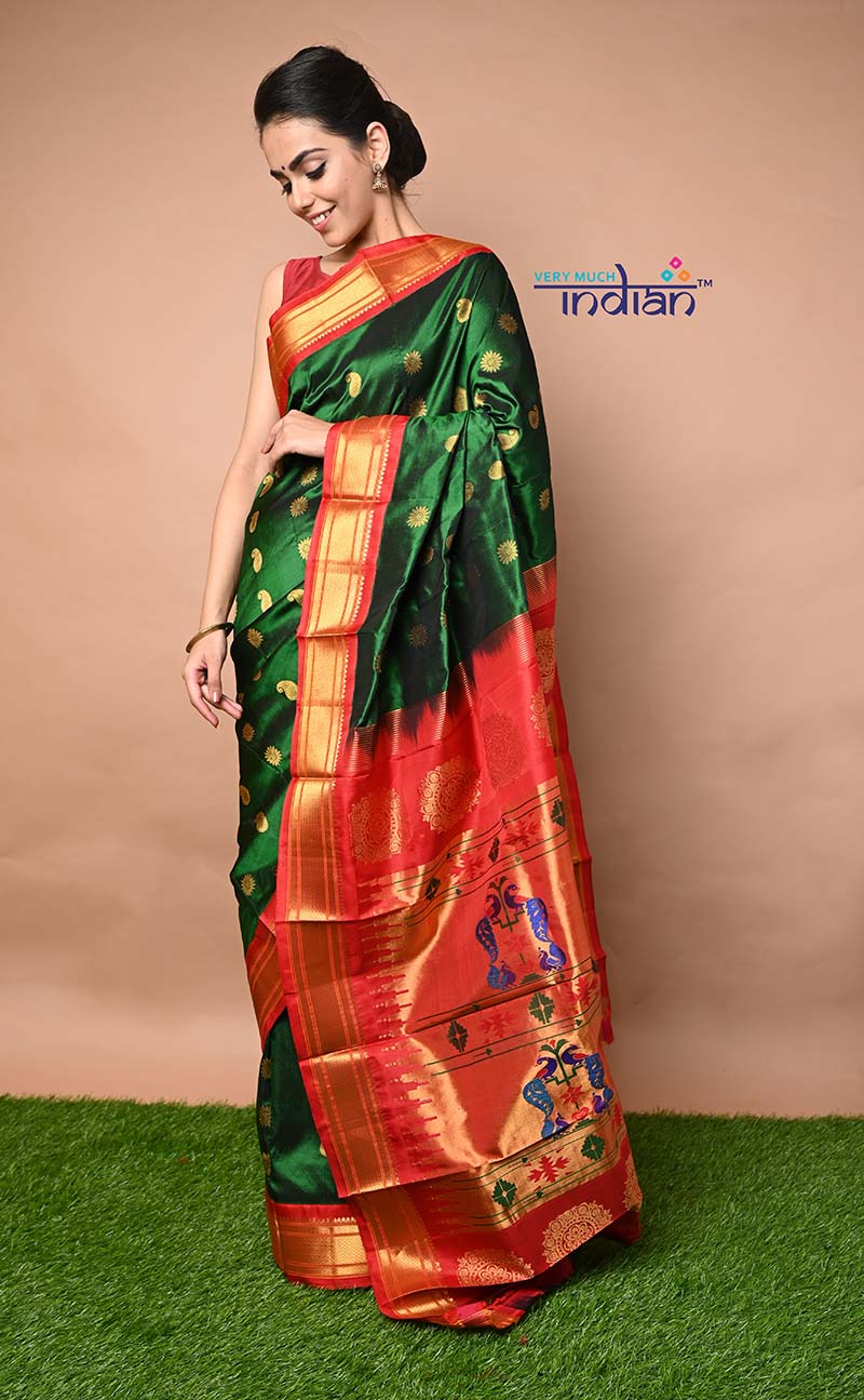 Buy Pure Silk Handloom Maharani Paithani Deep Green Saree with