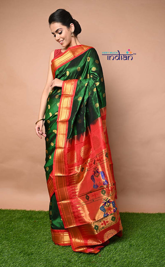 Pure Silk Handloom Maharani Paithani - Deep Green Saree with Red Border(Available in Peacock Buttis)