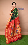 Pure Silk Handloom Maharani Paithani - Deep Green Saree with Red Border(Available in Peacock Buttis)