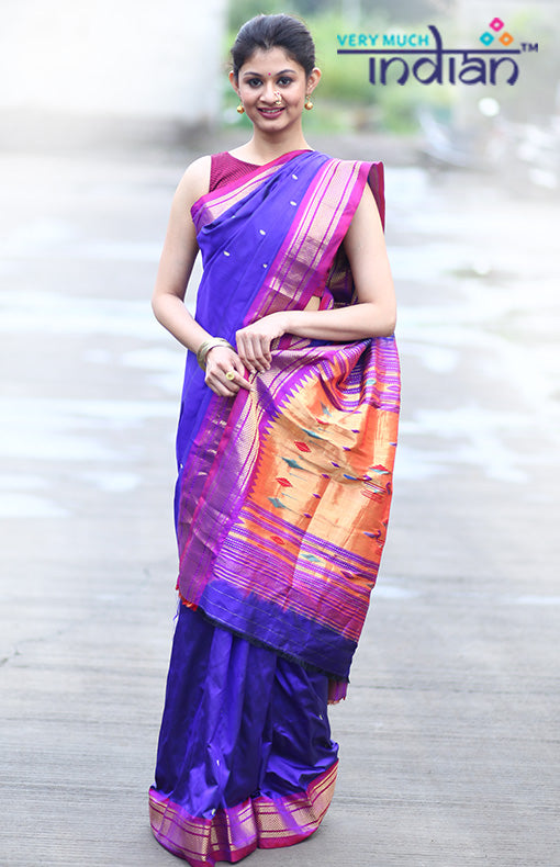 Pure Silk Handloom Yeola Paithani - Traditional Double Pallu - Dark Blue with Purple border