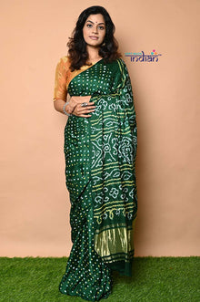  Pure Silk Handmade Green & Gold Bandhani Weave