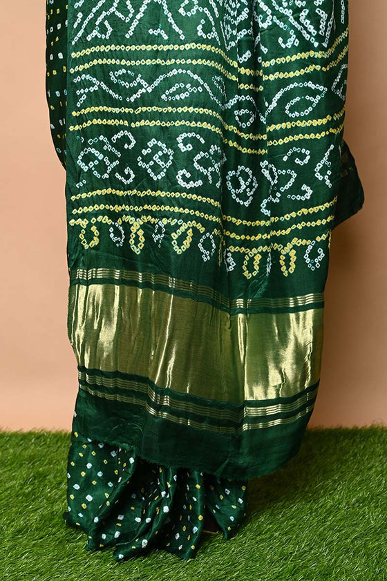 Pure Silk Handmade Green & Gold Bandhani Weave