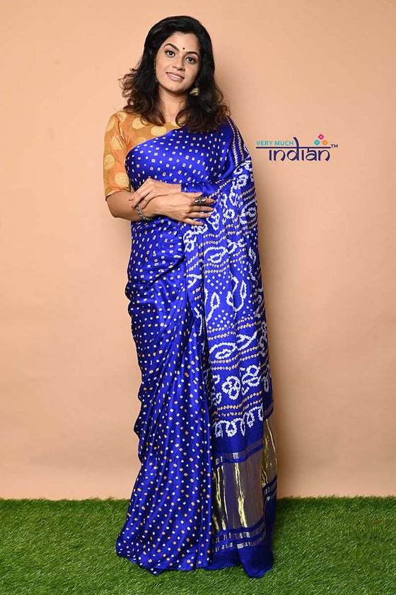 Pure Silk Handmade Ink Blue & Gold Bandhani Weave