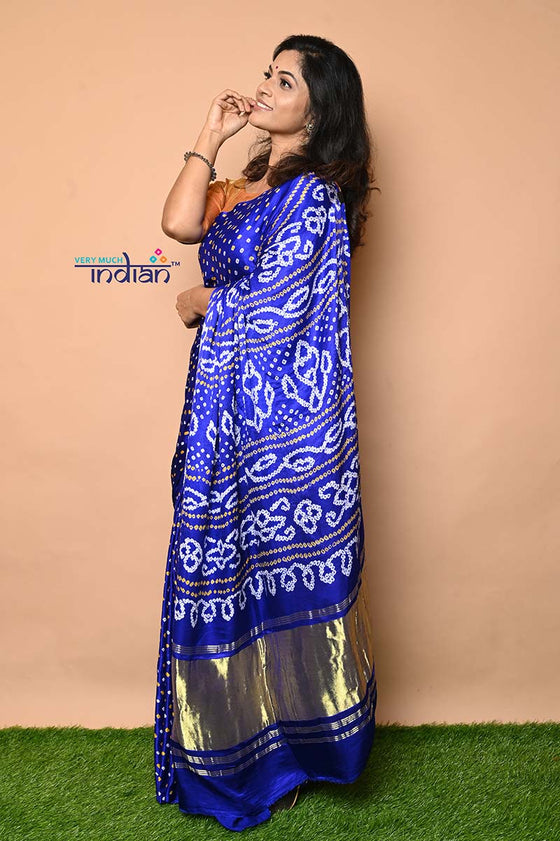 Pure Silk Handmade Ink Blue & Gold Bandhani Weave