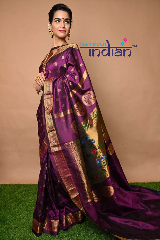 Pure Silk Maharani Paithani - Solid Violet Saree with Golden Border