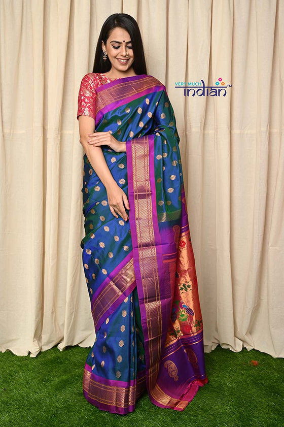 Traditional Handloom Maharani Paithani - Dual Tone Purple Blue with Mauve Border and Royal Pallu