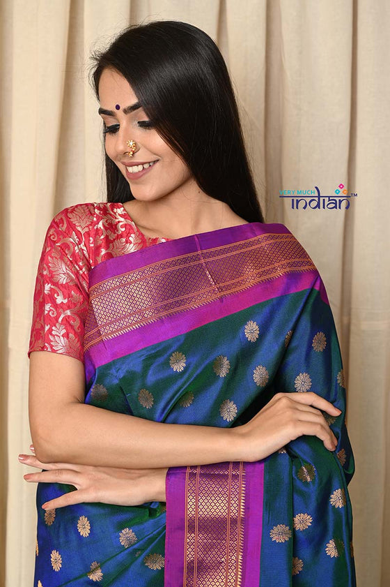 Shop Traditional Handloom Maharani Paithani - Dual Tone Purple Blue with Mauve Border and Royal Pallu