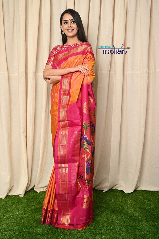 Traditional Handloom Maharani Paithani - Yellow Gold with Pink Border and Royal Pallu (Available in Peacock Buttis)