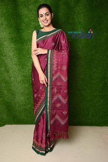  Traditional Khun Saree – Cotton Resham Authentic Handwoven, Aged Wine colour Weave with Kashida work – Dark Green Border