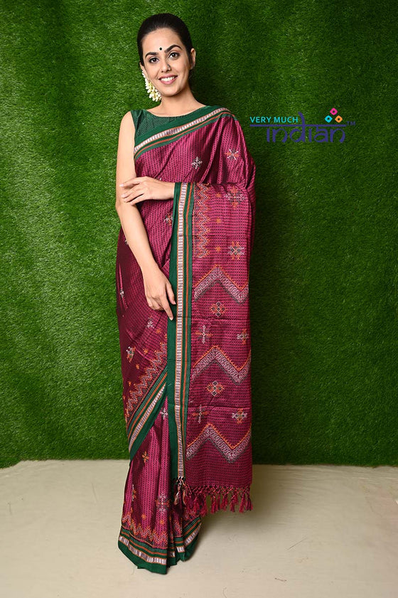 Traditional Khun Saree – Cotton Resham Authentic Handwoven, Aged Wine colour Weave with Kashida work – Dark Green Border