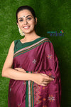 Traditional Khun Saree – Cotton Resham Authentic Handwoven, Aged Wine colour Weave with Kashida work – Dark Green Border
