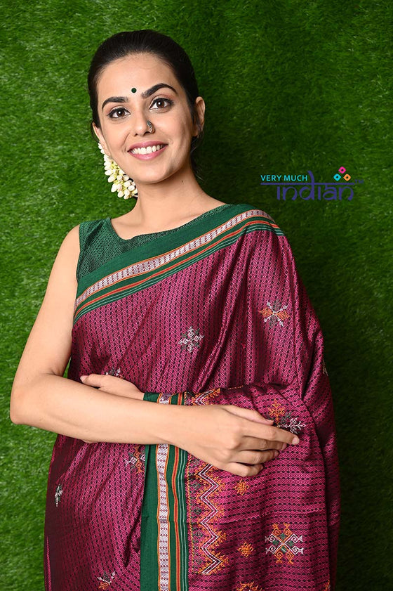 Traditional Khun Saree – Cotton Resham Authentic Handwoven, Aged Wine colour Weave with Kashida work – Dark Green Border