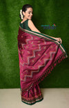 Traditional Khun Saree – Cotton Resham Authentic Handwoven, Aged Wine colour Weave with Kashida work – Dark Green Border