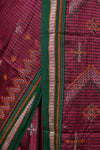 Traditional Khun Saree – Cotton Resham Authentic Handwoven, Aged Wine colour Weave with Kashida work – Dark Green Border