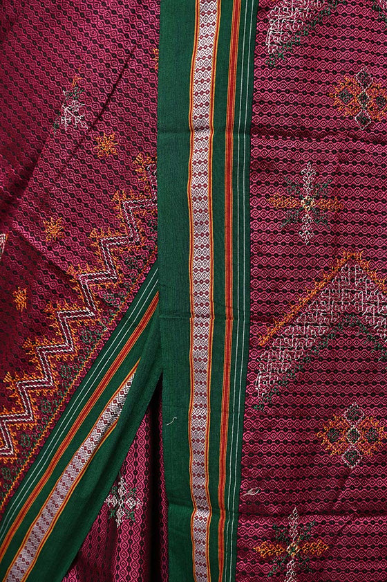 Traditional Khun Saree – Cotton Resham Authentic Handwoven, Aged Wine colour Weave with Kashida work – Dark Green Border