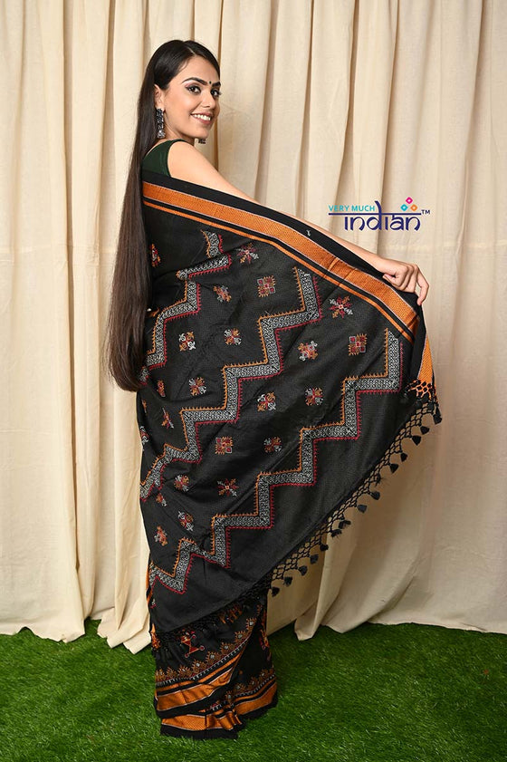 Traditional Khun Saree – Cotton Resham Authentic Handwoven, Black with Kashida Work –  Chrome Yellow & Black Border (Available in Maroon Border)