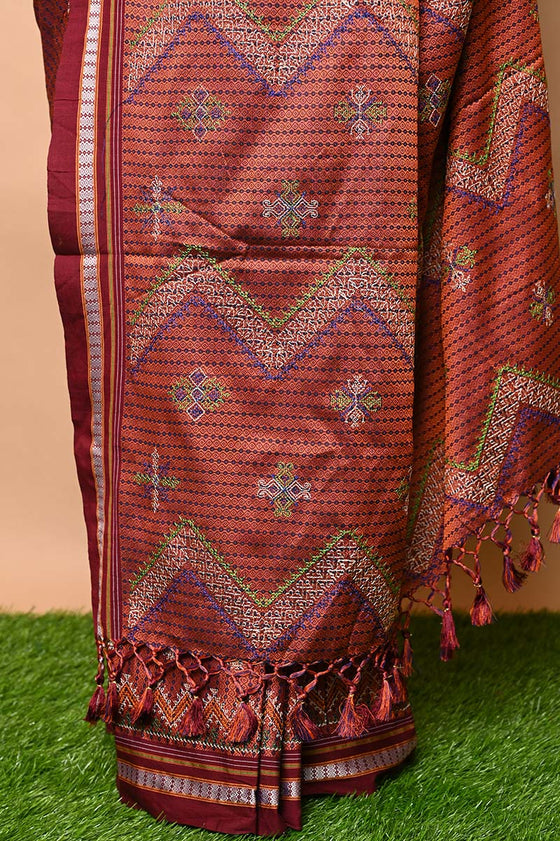 Traditional Khun Saree – Cotton Resham Authentic Handwoven, Rust Orange Weave with Kashida work – Red Border