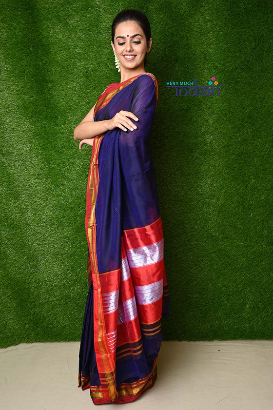 Traditional Khun Saree with Ilkal Pallu – Cotton Silk Ilkal Handloom, Dark Blue with Red Border