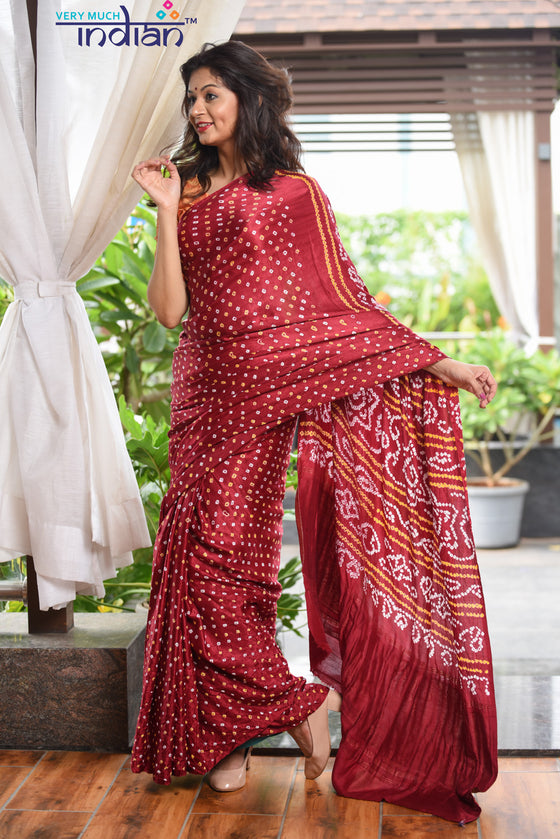 Pure Silk Handmade Red & Gold Bandhani Weave