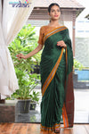 Authentic Khun – Cotton Resham Handwoven Saree (Lush Green with Mustard Border) - Very Much Indian