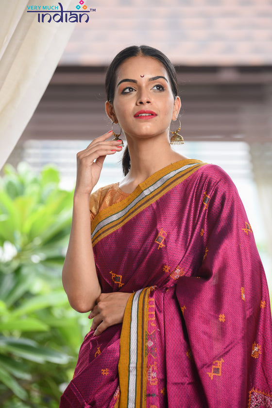 Authentic Khun – Cotton Resham Handwoven Saree (Fresh Pink Weave with Kashida work) - Very Much Indian