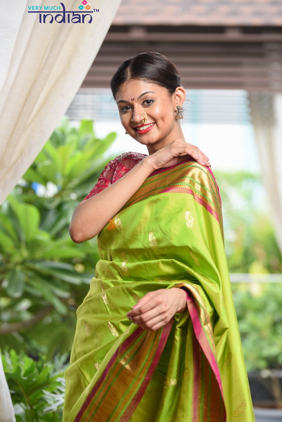 Buy Paithani Sarees Online - Pure Silk Yeola Handloom Light Green Paithani Weave with Golden Border and 30 Peacocks Pallu - Very Much Indian