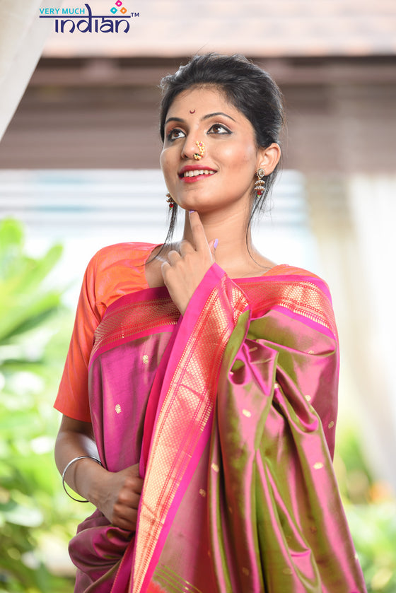 shop Authentic Pure Silk Handloom Pink Dual Tone Paithani Weave