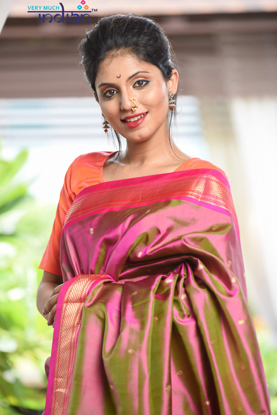 Authentic Pure Silk Handloom Pink Dual Tone Paithani Weave