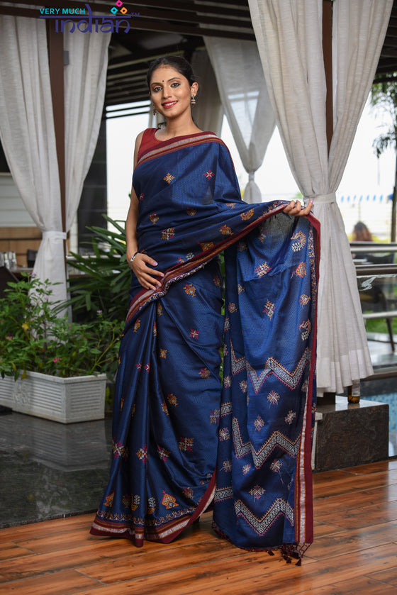Authentic Khun – Cotton Resham Handwoven Saree (Blue Weave with Kashida work) - Very Much Indian