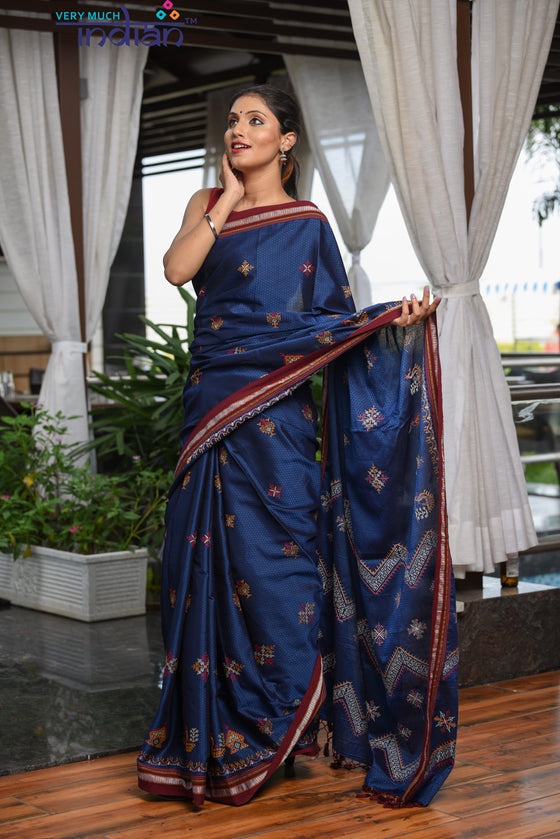 Authentic Khun – Cotton Resham Handwoven Saree (Blue Weave with Kashida work) - Very Much Indian