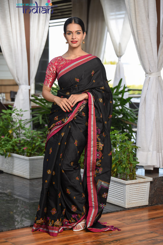 Authentic Khun – Cotton Resham Handwoven Saree (Black Weave with Kashida work) - Very Much Indian
