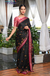Authentic Khun – Cotton Resham Handwoven Saree (Black Weave with Kashida work) - Very Much Indian